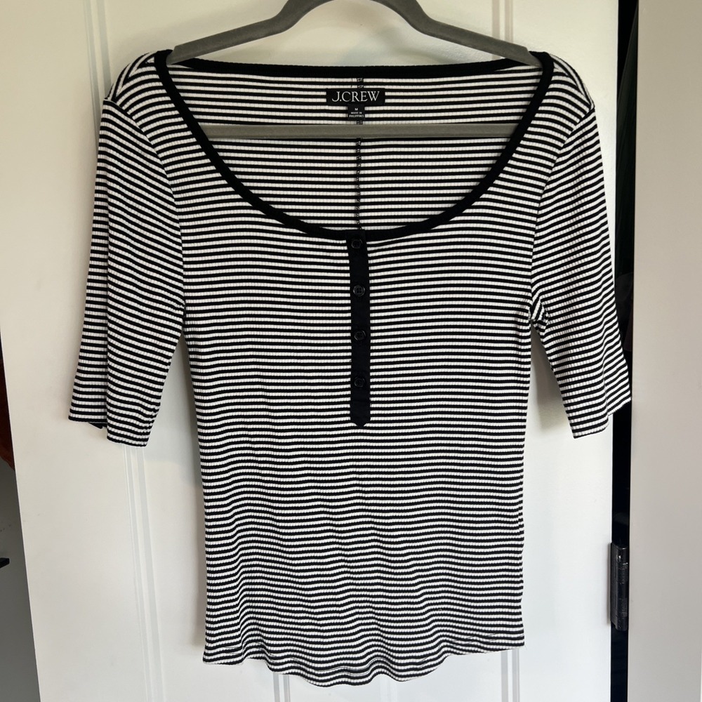 J. Crew Striped 3/4 Sleeve Scoop‎ Neck Top Shirt Stretch Black White Medium